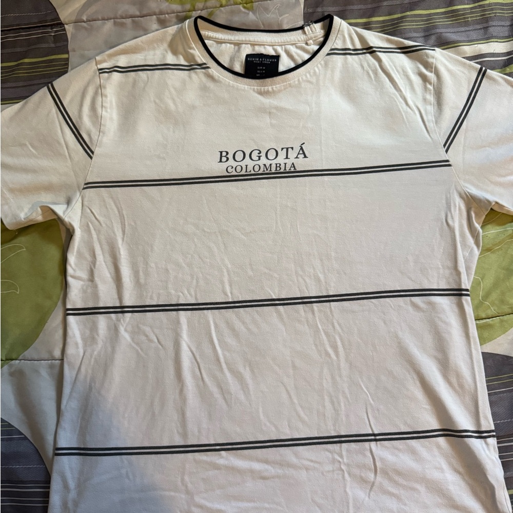 Denim & Flower Cream Tee with Black Stripes